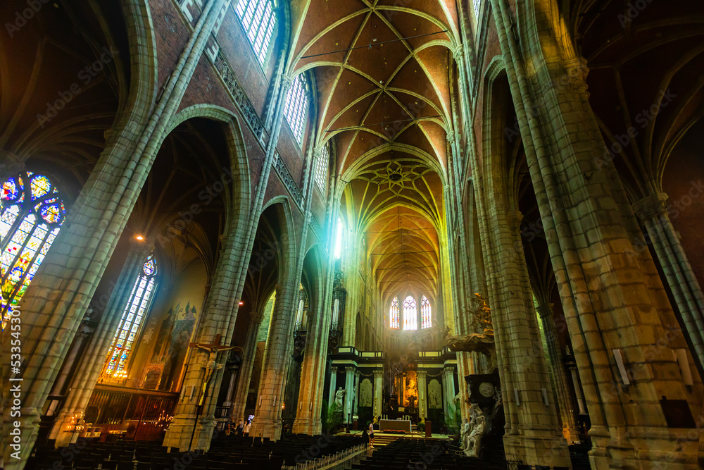 Impressive gothic interior of Saint Bavo Cathedral of Catholic Church in Ghent, Belgium
