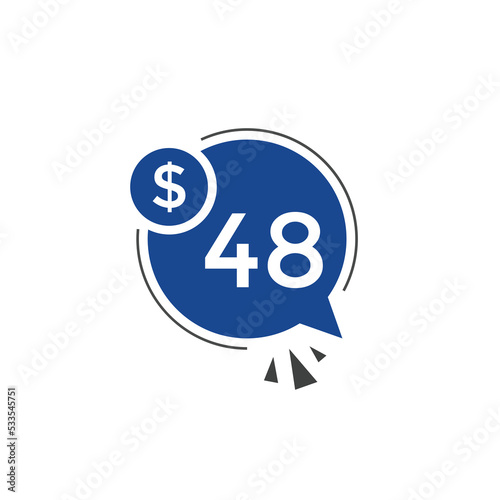 48 dollar price tag. 48$ dollar USD price symbol. price 48 Dollar sale banner in USD. Business or shopping promotion marketing concept 