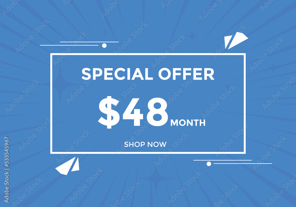 $48 USD Dollar Month sale promotion Banner. Special offer, 48 dollar month price tag, shop now button. Business or shopping promotion marketing concept
