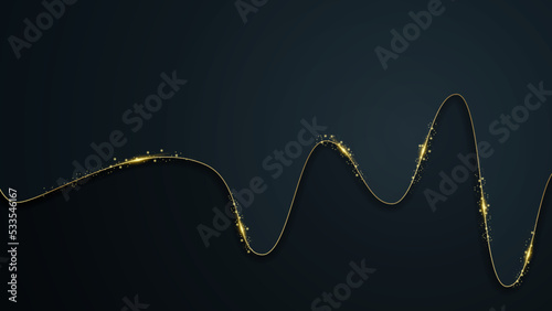Abstract shiny color gold wave design element with glitter effect on dark background