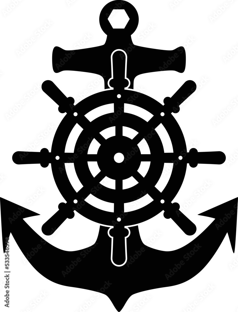 Fototapeta premium Anchor Silhouette With Streering Wheel Ship