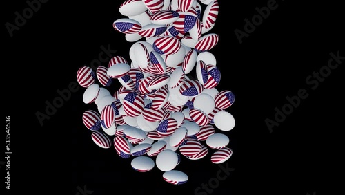 Colorful true candy falls, and candy has the United States flag drawn inside, Isolated by the Alpha channel (transparent background)