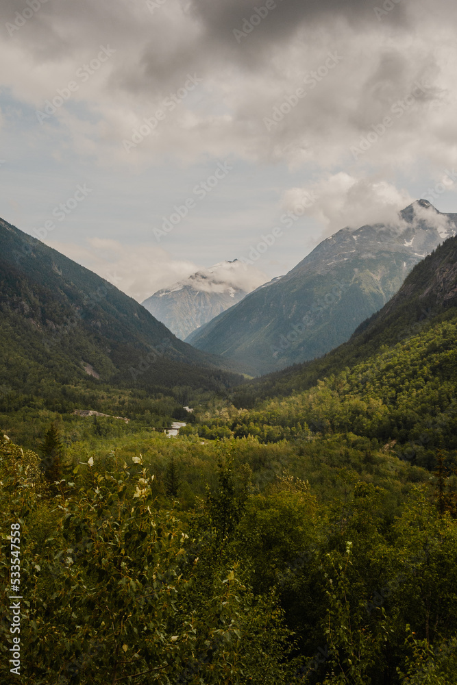 Paysage de Skagway à bord d'un train vieux de 100 ans