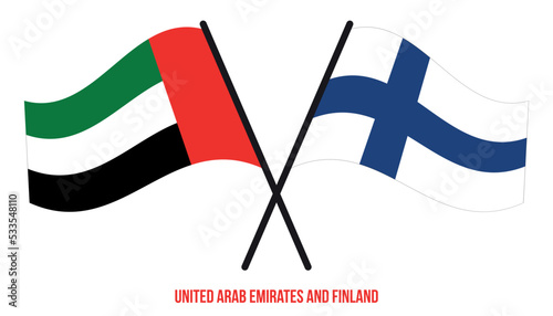 United Arab Emirates and Finland Flags Crossed And Waving Flat Style. Official Proportion.