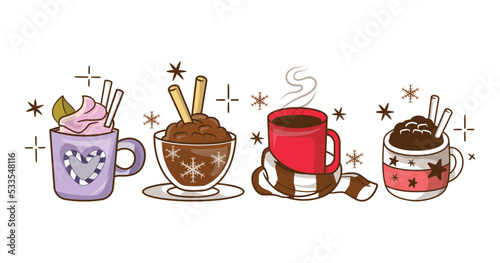 Christmas hot beverages of coffee, chocolate, and eggnog drinks in mugs and cups.