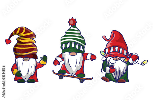 Bundle Of Merry Christmas Cute Gnomes Santa Claus Costume Cartoon Illustration Banner Design. 