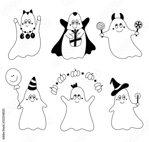 Vector set of kind cute doodle ghosts. Collection of cartoon childish halloween design elements.Outline.Isolated on white background.