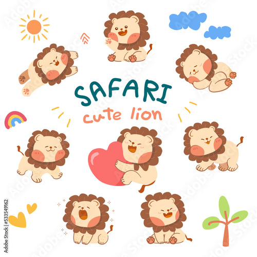 Funny doodle safari animals. set of Cute lion with simple vector illustration. Clipart vector design. Cartoon suitable for, print, sublimation, shirt, postcard, printable, stationery ,kids product.