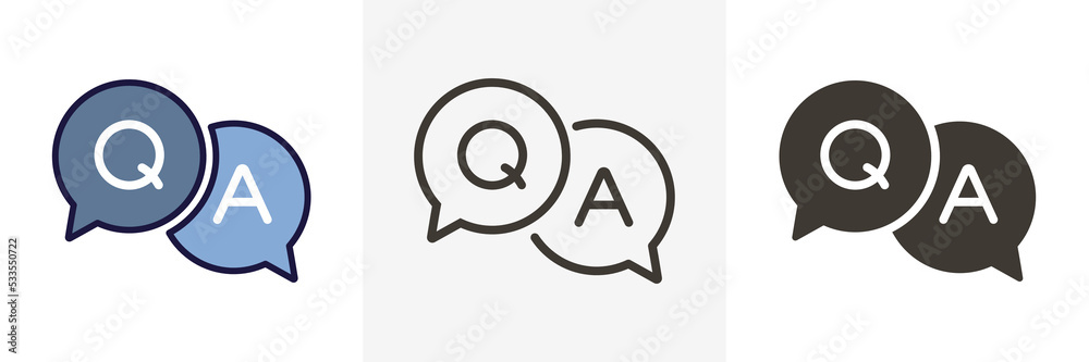 Questions and answers icon with speech bubble and q and a letters. Vector minimal trendy illustration in 3 styles for frequently asked questions concepts in websites Questions and answers icon with speech bubble and q and a letters. Vector minimal trendy illustration in 3 styles for frequently asked questions concepts in websites