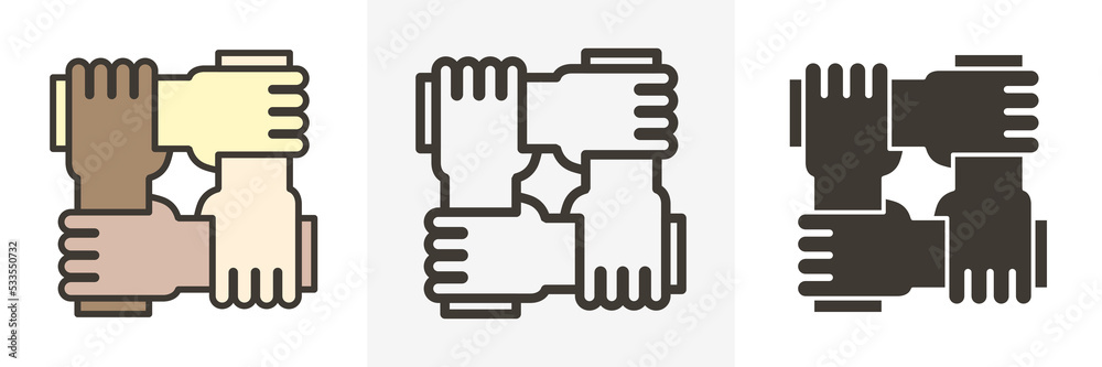 Stylized icon design with 4 hands holding together. Illustration for different concepts like teamwork, community, unity and equality. 3 graphic styles - Filled outline, empty outline, flat glyph Stylized icon design with 4 hands holding together. Illustration for different concepts like teamwork, community, unity and equality. 3 graphic styles - Filled outline, empty outline, flat glyph