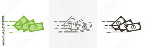 Money vector icon. Bank note Dollar bill flying from sender to receiver. Design illustration for money, wealth, investment and finance concepts