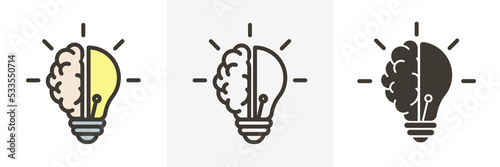 Creative icon of a half brain half lightbulb representing ideas, creativity, knowledge, technology and the human mind. Solving problems in 3 different styles, Filled outline, empty outline, flat glyph
