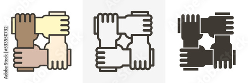 Stylized icon design with 4 hands holding together. Illustration for different concepts like teamwork, community, unity and equality. 3 graphic styles - Filled outline, empty outline, flat glyph