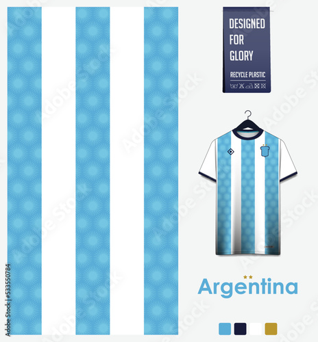 Soccer jersey pattern design. Argentina flag pattern on blue background for soccer kit, football kit, sports uniform. T shirt mockup template. Fabric pattern. Abstract background.