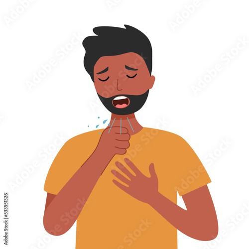 Black man coughing concept vector illustration. Sick person, ill and cold, flu and virus, influenza in flat design. Guy sneeze and cough.
