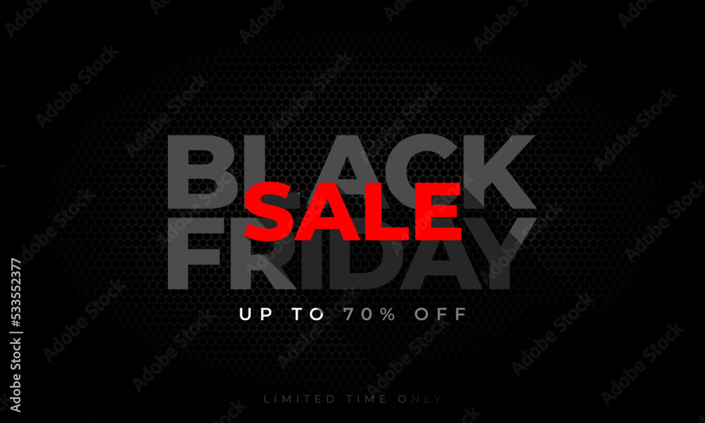 Obraz premium Black Friday sale banner with grey typography on black texture background, vector illustration template.