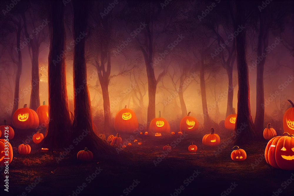 Naklejka premium halloween background with pumpkins, Halloween scary night background image with spooky castle and pumpkins. Halloween celebration, Halloween party poster.
