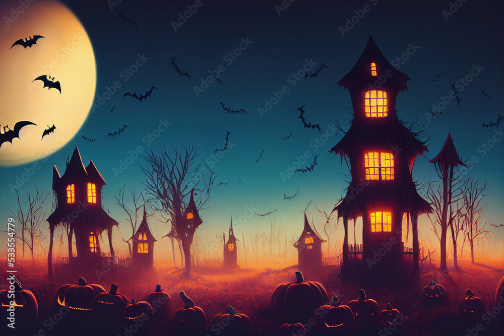 Spooky Halloween night haunted homes, castle, Pumpkins and Jack O'lanterns, foggy bloody moonlight, Halloween illustration, 3d illustration, 3d rendering.