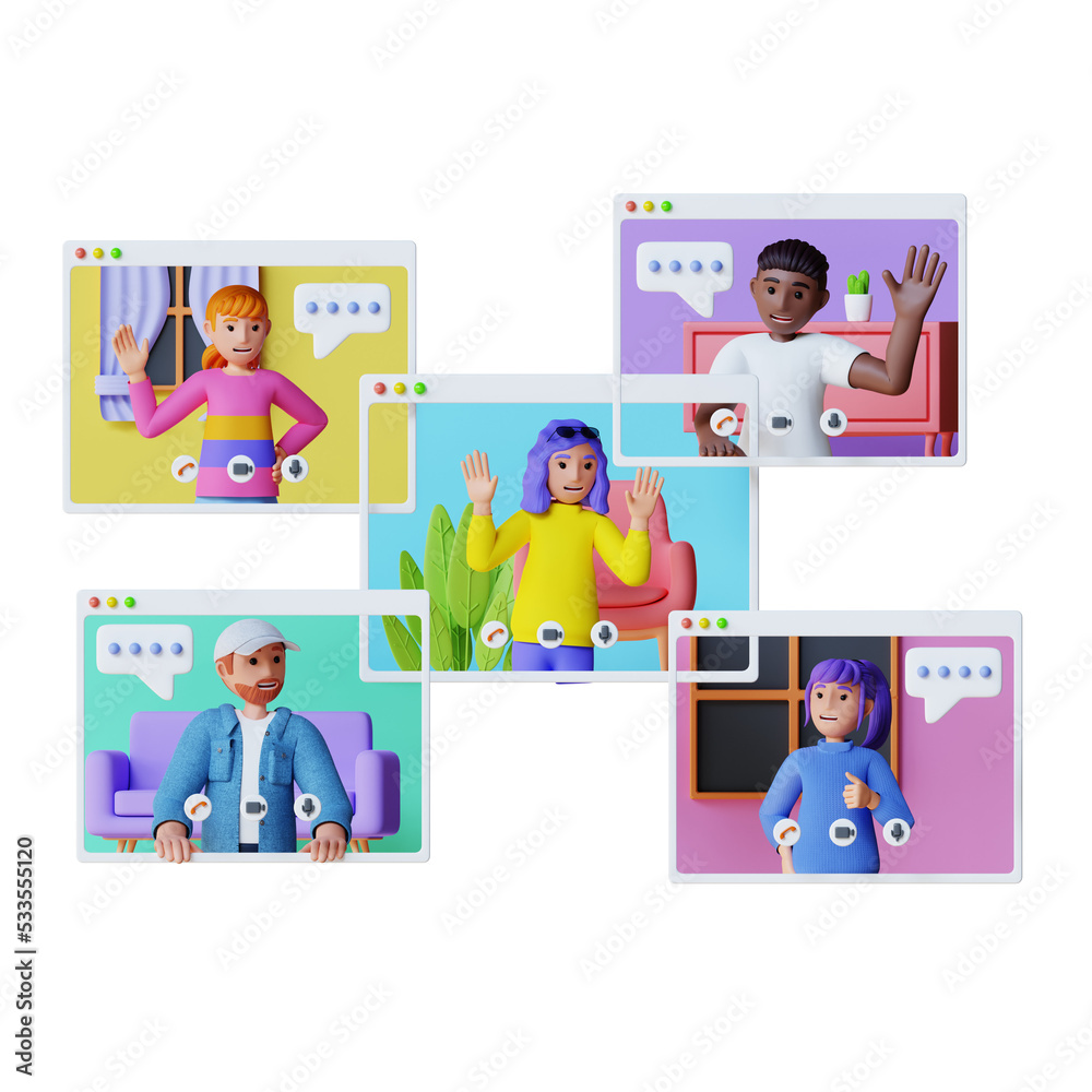 Set of people with communicating at online video conference, 3d character illustration Set of people with communicating at online video conference, 3d character illustration