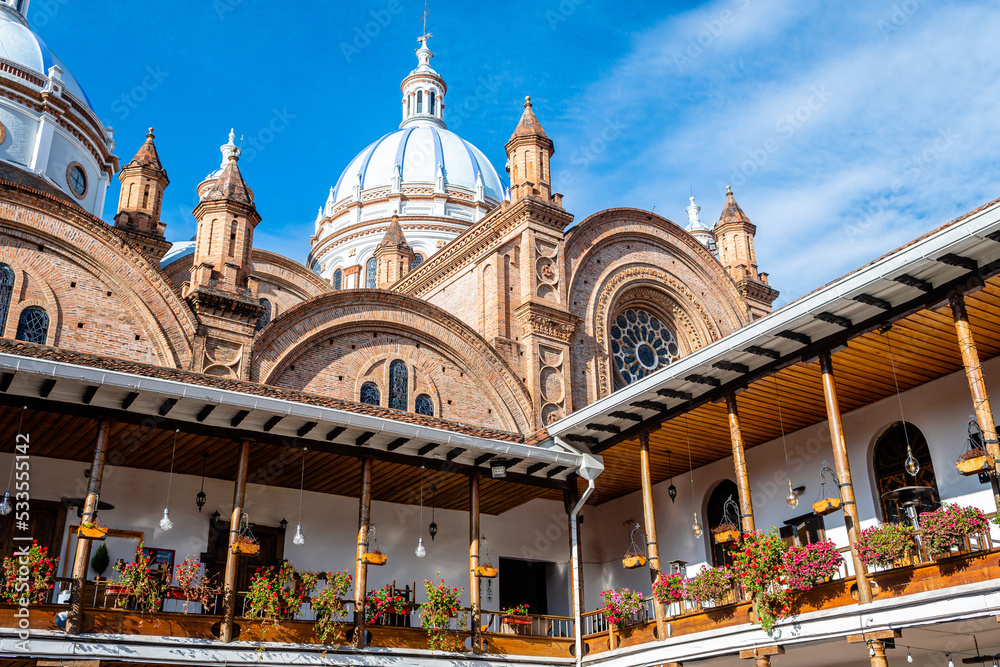 views of inmaculate conception cthedral, the most famous in cuenca, ecuador.