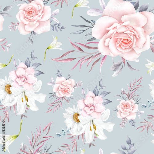 elegant floral seamless pattern with beautiful flower and leaves watercolor