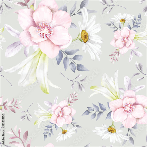 elegant floral seamless pattern with beautiful flower and leaves watercolor