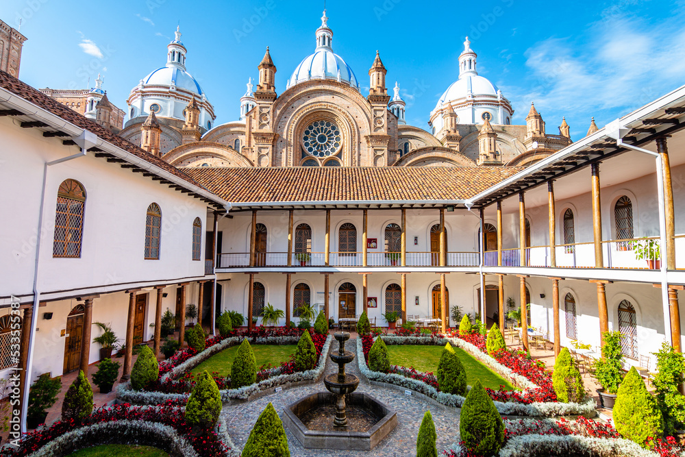 views of inmaculate conception cthedral, the most famous in cuenca, ecuador.