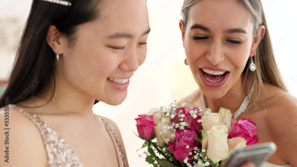 Bride, bridesmaid and wedding picture with phone with flowers or bouquet, fashion dress and an excited smile for social media. Happy woman and friend with mobile smartphone before a marriage ceremony Bride, bridesmaid and wedding picture with phone with flowers or bouquet, fashion dress and an excited smile for social media. Happy woman and friend with mobile smartphone before a marriage ceremony