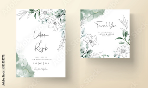 elegant minimal flower with watercolor wedding card template