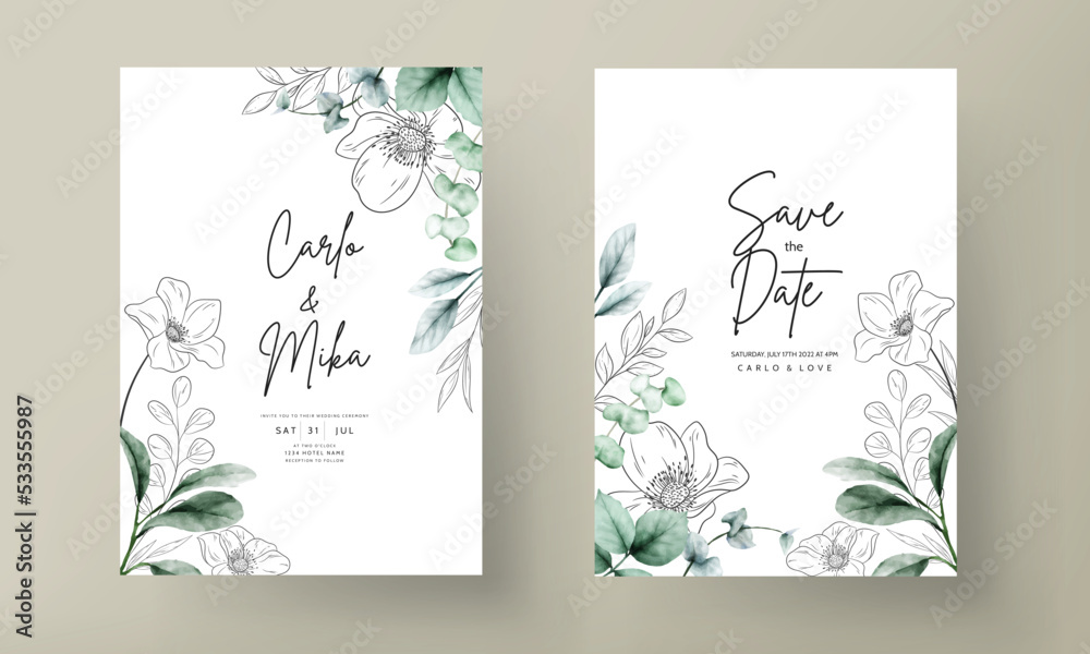 elegant minimal flower with watercolor wedding card template