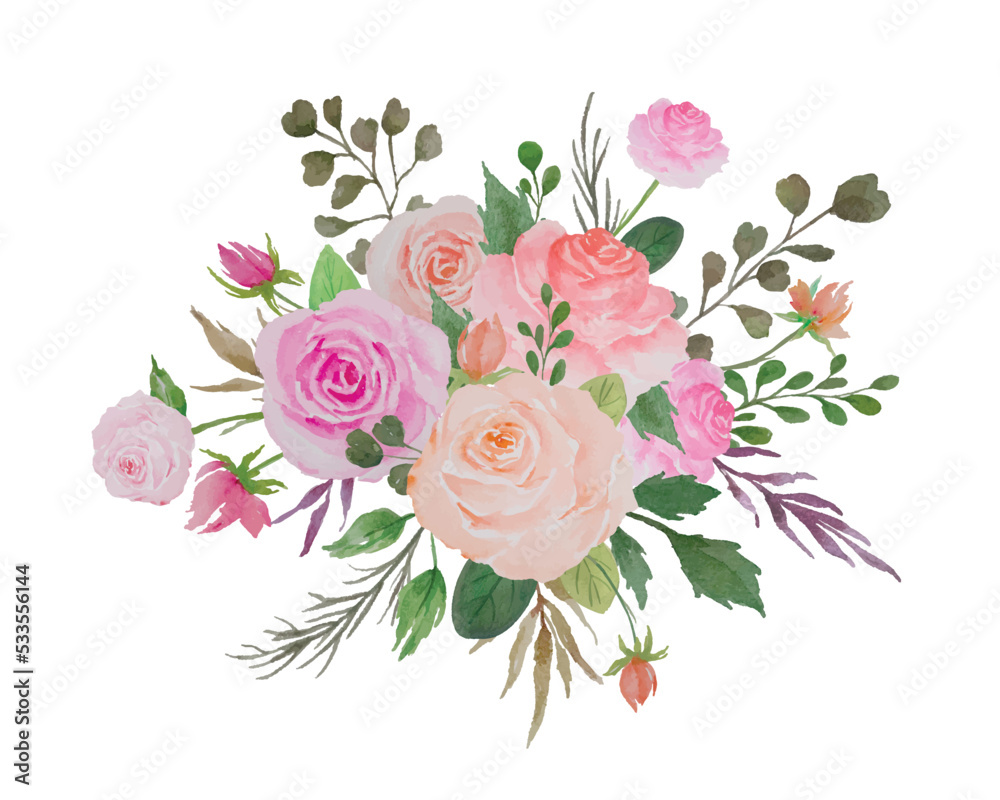 Watercolor Flowers Bouquet, Illustration of Ffloral Arrangement with Roses and Green Leaves