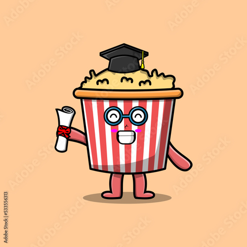 Cute cartoon Popcorn student character on graduation day with toga in concept flat cartoon style