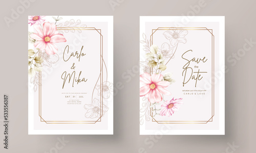 invitation card template with beautiful pink flower and golden floral