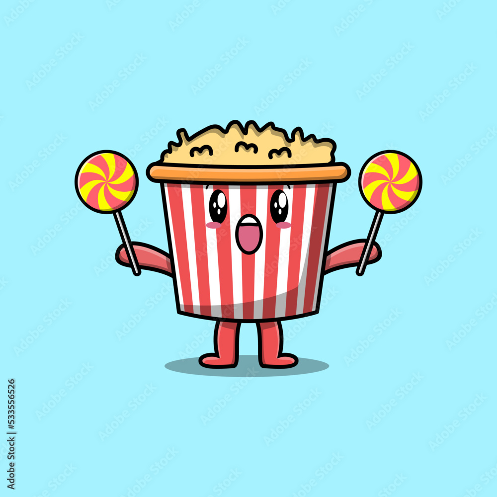 Cute cartoon Popcorn character holding lollipop candy in flat cartoon