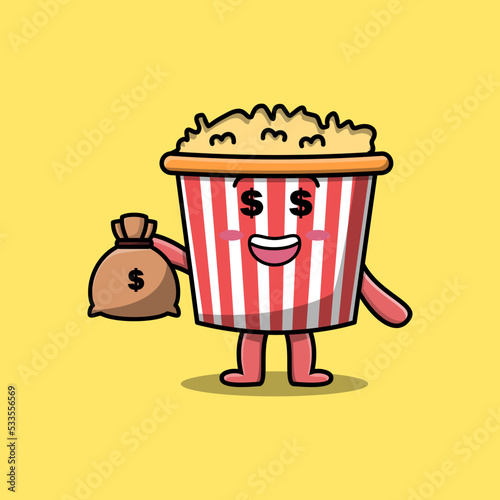 Cute cartoon Crazy rich Popcorn with money bag shaped funny in modern design illustration