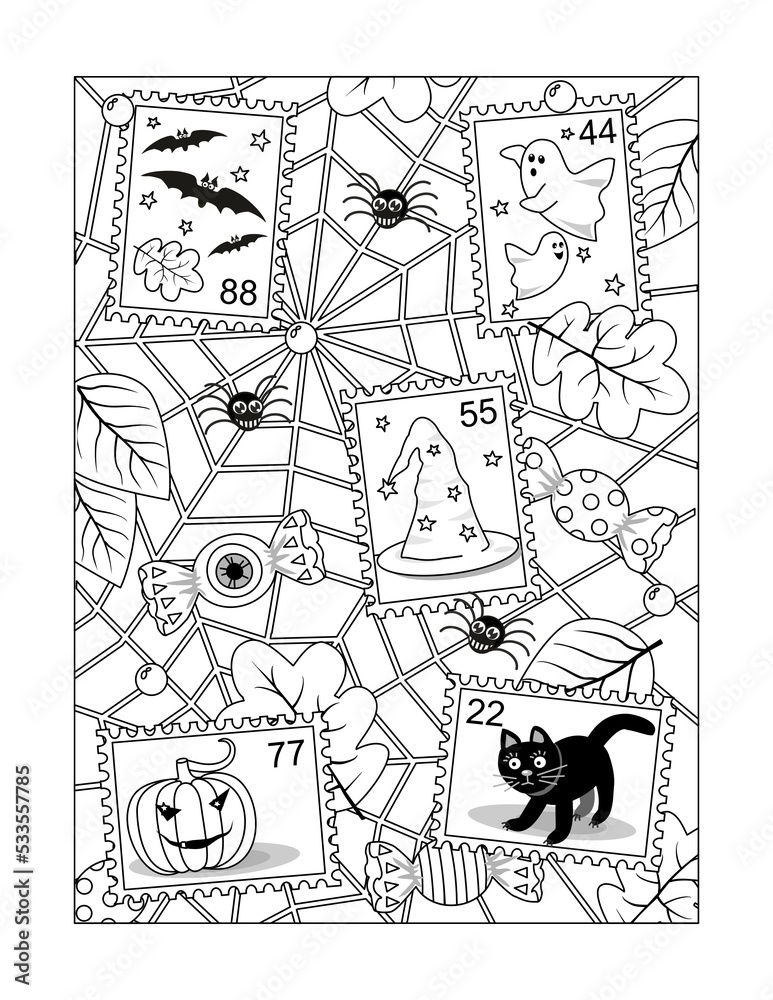 Coloring page with Halloween postage stamps, spiderweb and spiders, candy, falling autumn leaves, pumpkin, black cat, bats, ghosts

