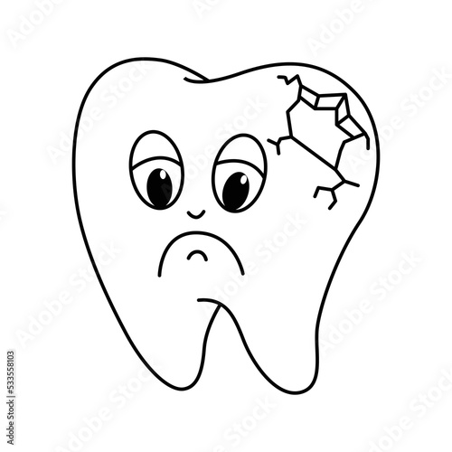 Funny tooth cartoon characters with cute face vector illustration. For kids coloring book.