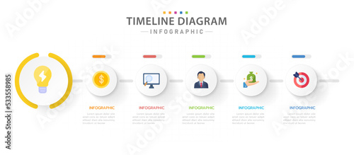 Infographic template for business. 5 Steps Modern Timeline diagram with circle topic and progress bar, presentation vector infographic.
