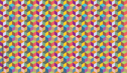 Abstract vector background with colorful symmetrical parallelogram shapes. Simple flat illustration of multicolored stacking cube. Geometry seamless pattern artwork, squares, rhombuses, hexagons.