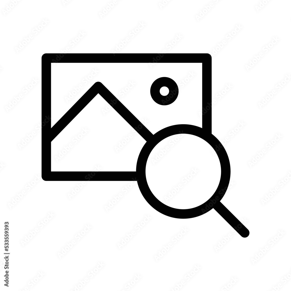 Image search icon with photo and magnifying glass in black outline style Image search icon with photo and magnifying glass in black outline style