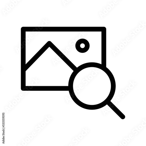 Image search icon with photo and magnifying glass in black outline style