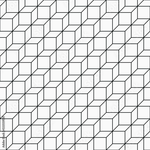 Fototapeta Naklejka Na Ścianę i Meble -  Geometric line art background. Simple artwork illustration of flat shapes, square segments, parallelograms, rhombuses, hexagons. Luxury premium seamless pattern backdrop, vector in black and white.