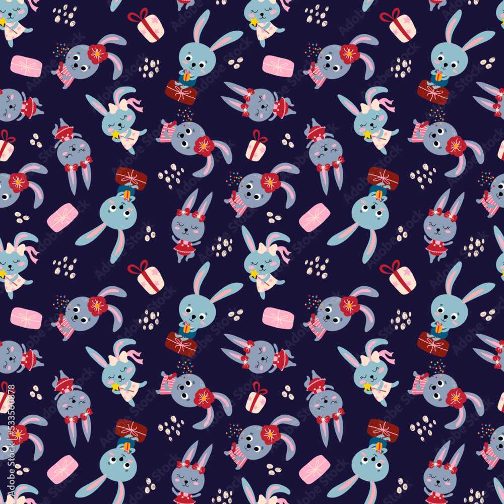 Seamless pattern with cute bunnies. Party with gifts and crackers. Design for fabric, textile, wallpaper, packaging. Seamless pattern with cute bunnies. Party with gifts and crackers. Design for fabric, textile, wallpaper, packaging.