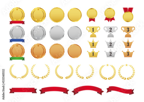ランキングのメダル・トロフィー・王冠などの素材セット（背景透過）