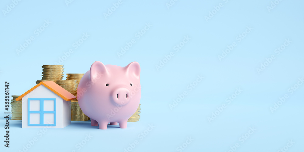 concept of a business save money or property or real estate mortgage piggy bank or pig bank and coin on blue background. 3d illustration