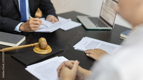 Tablou pe pânză Attorney or judge provides legal advice to the client in the courtroom, Ethics in the courts include justice and impartiality, Legal consultant, Scales of justice, Law hammer, Litigation and justice