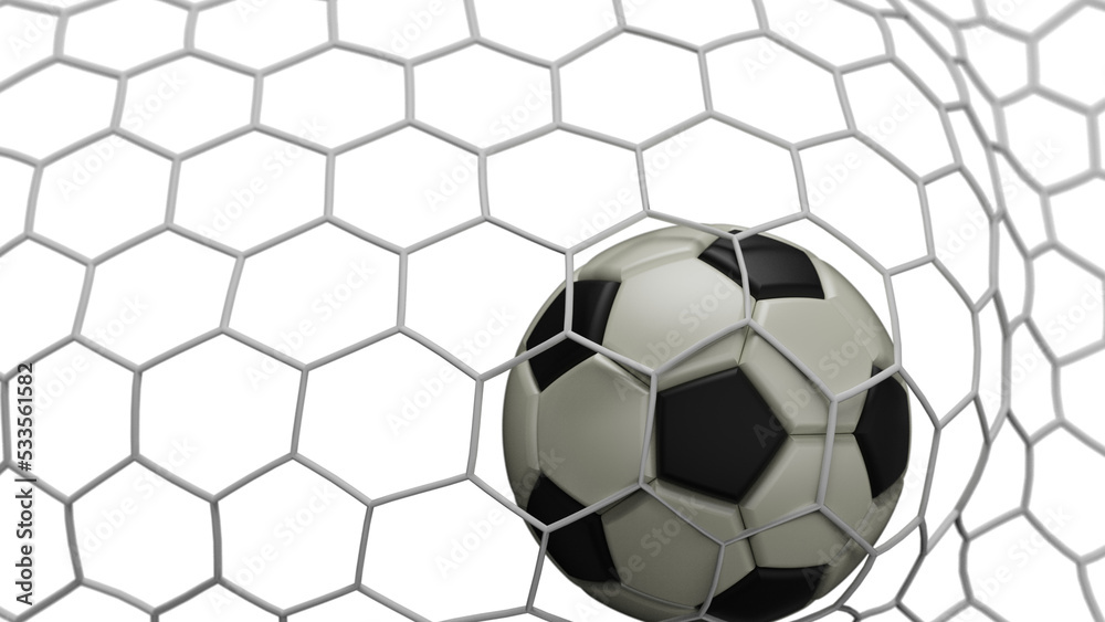 Obraz premium White-Black Soccer Ball in the Goal Net under white background. 3D illustration. 3D CG. 3D Rendering. High resolution. PNG file format.