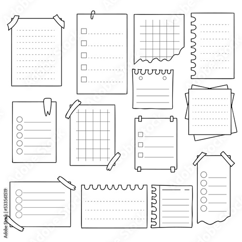 Set vector doodle sheets of notebooks. Hand-drawn paper with stripes, blank, notebooks reminders, memory. Isolated various sheets, notes, reminders pages for design, school notes or information.