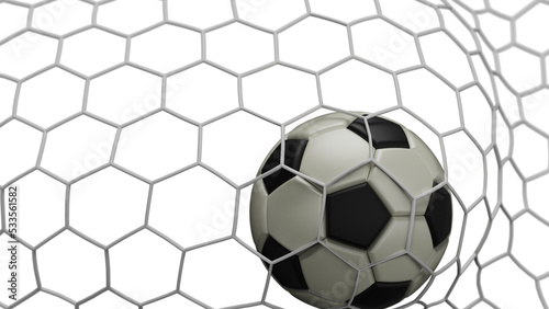 White-Black Soccer Ball in the Goal Net under white background. 3D illustration. 3D CG. 3D Rendering. High resolution. PNG file format. © DRN Studio