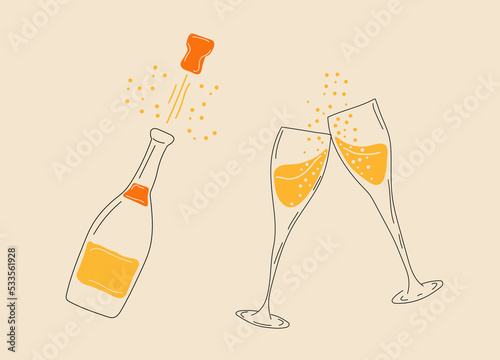 Two champagne glasses with champagne bottle. Vector in cartoon style. All elements are isolated	